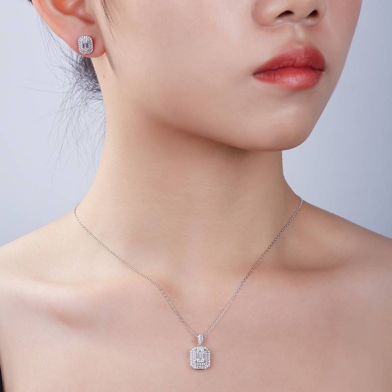 豪镶长方形S925银镀白金MoissanitePendantStud Earring套装
